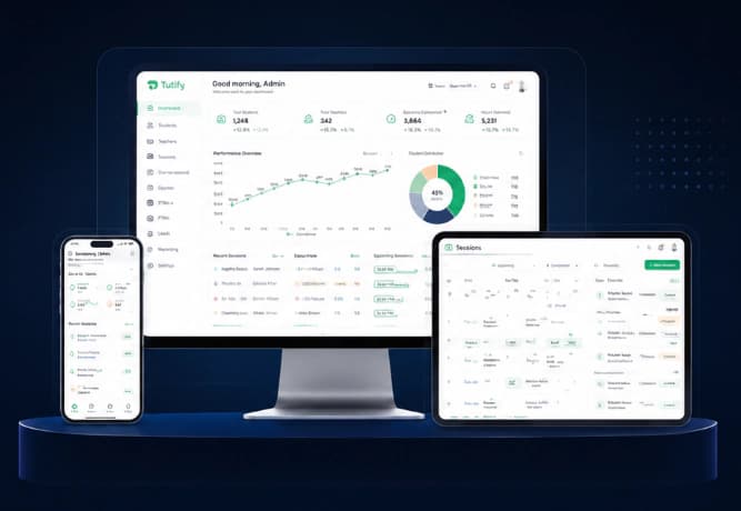 Tutify platform on desktop, tablet, and mobile showing admin dashboard and sessions views
